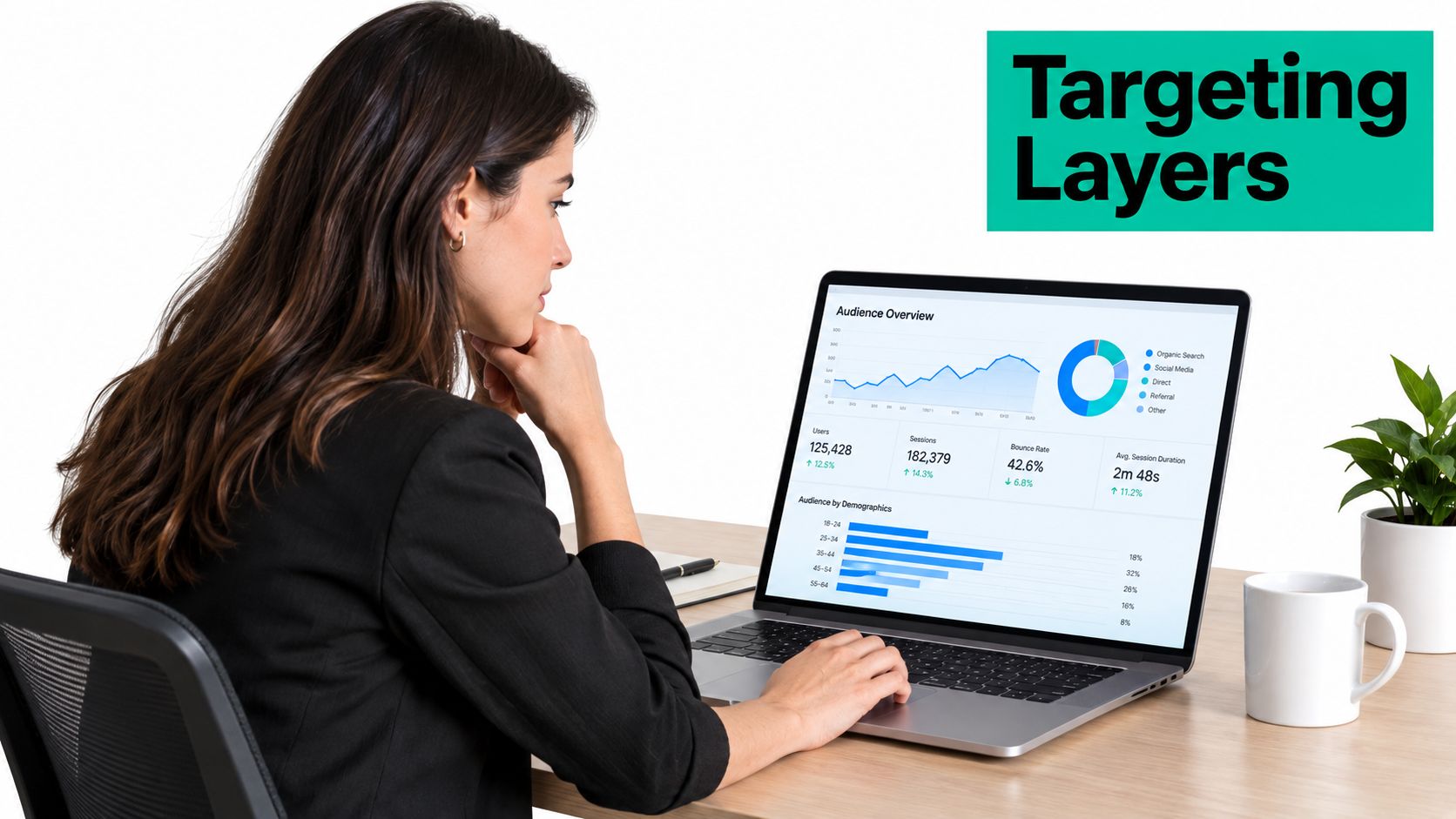 A professional woman viewing analytics on her laptop screen featuring audience data and demographic charts.