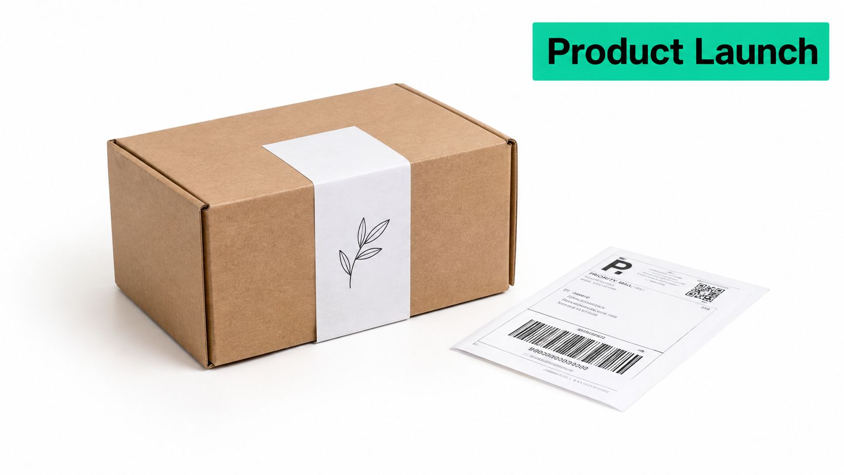 A brown cardboard shipping box with a decorative plant sticker next to a Priority Mail shipping label.