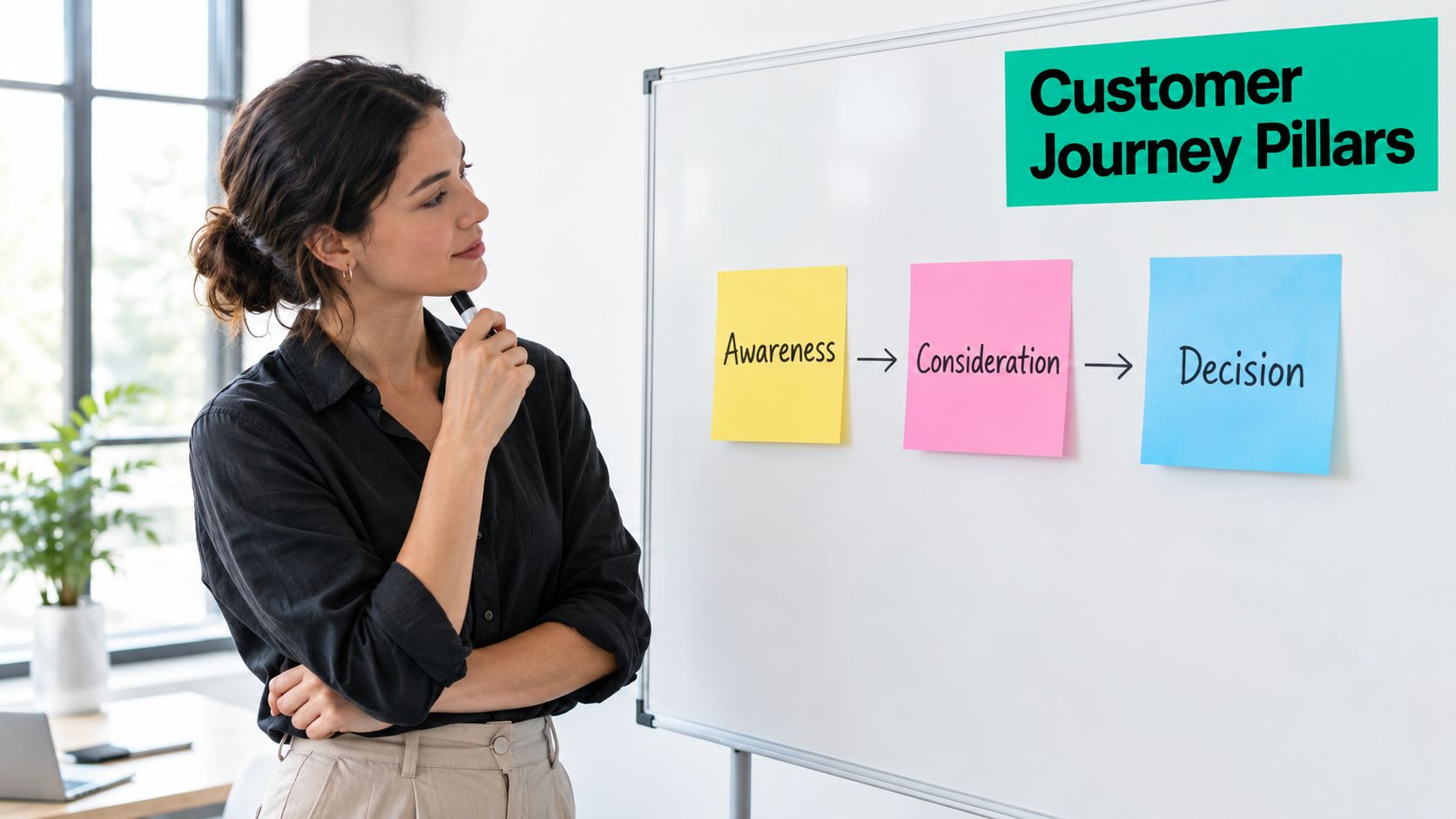 A professional woman looking at a whiteboard displaying customer journey pillars with sticky notes labeled awareness, consideration, and decision.