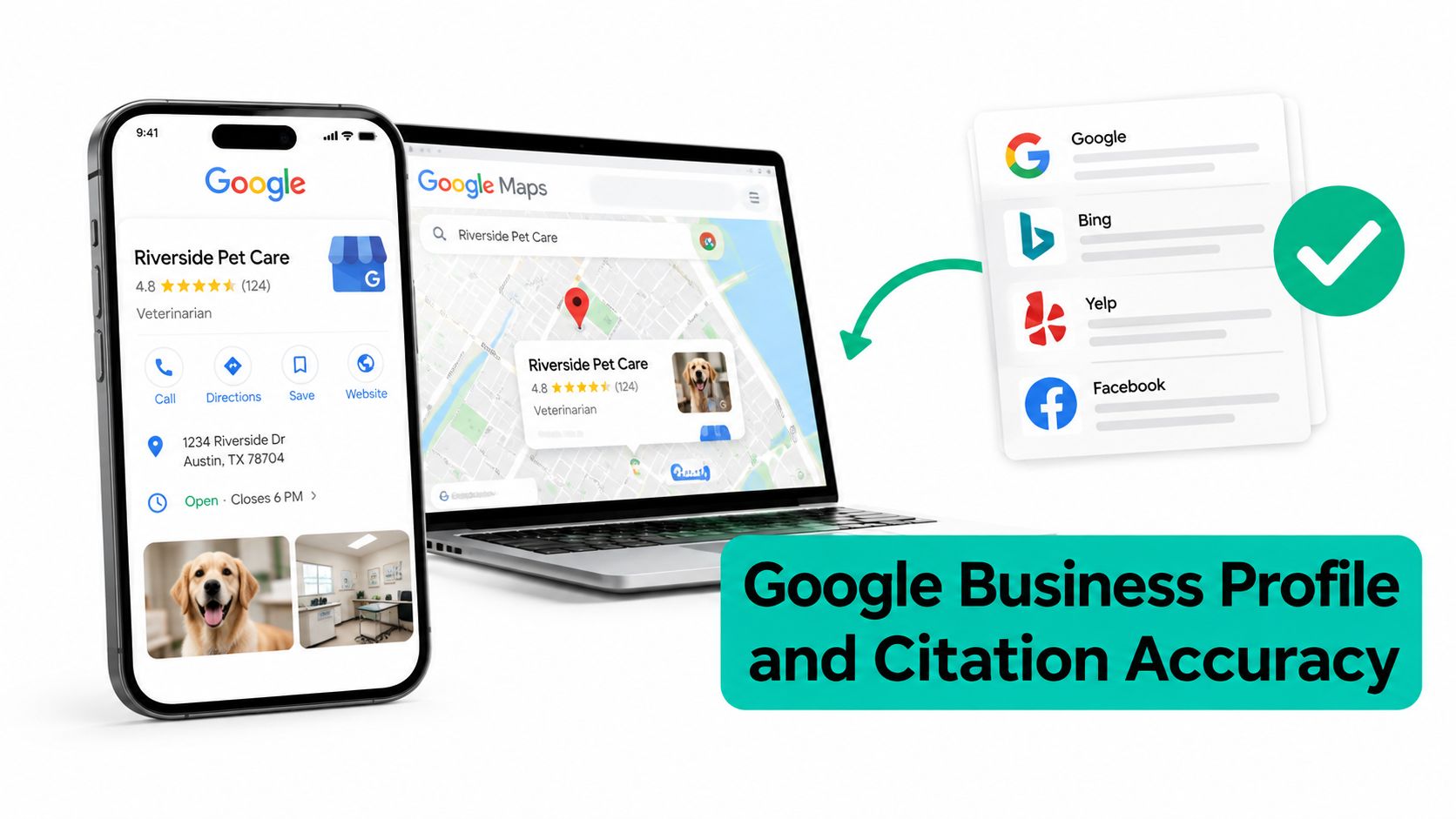 A smartphone and laptop displaying Google Maps for Riverside Pet Care alongside platform listing icons for citation management.