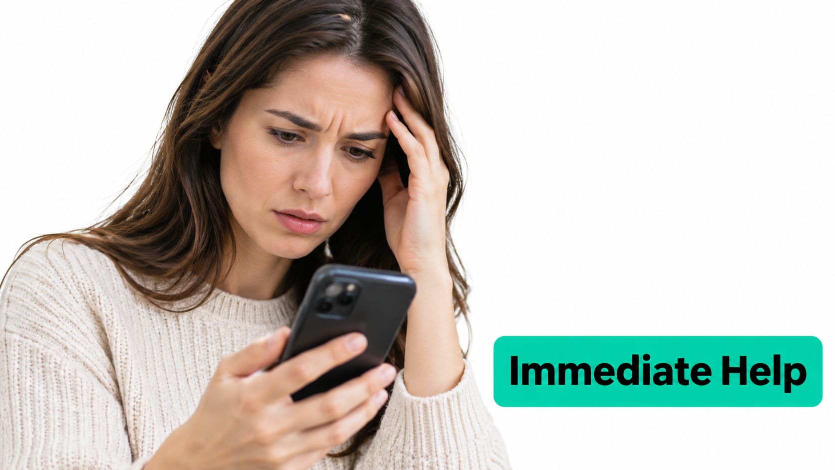 A concerned woman looking at her smartphone while holding her head, needing professional pest control assistance.