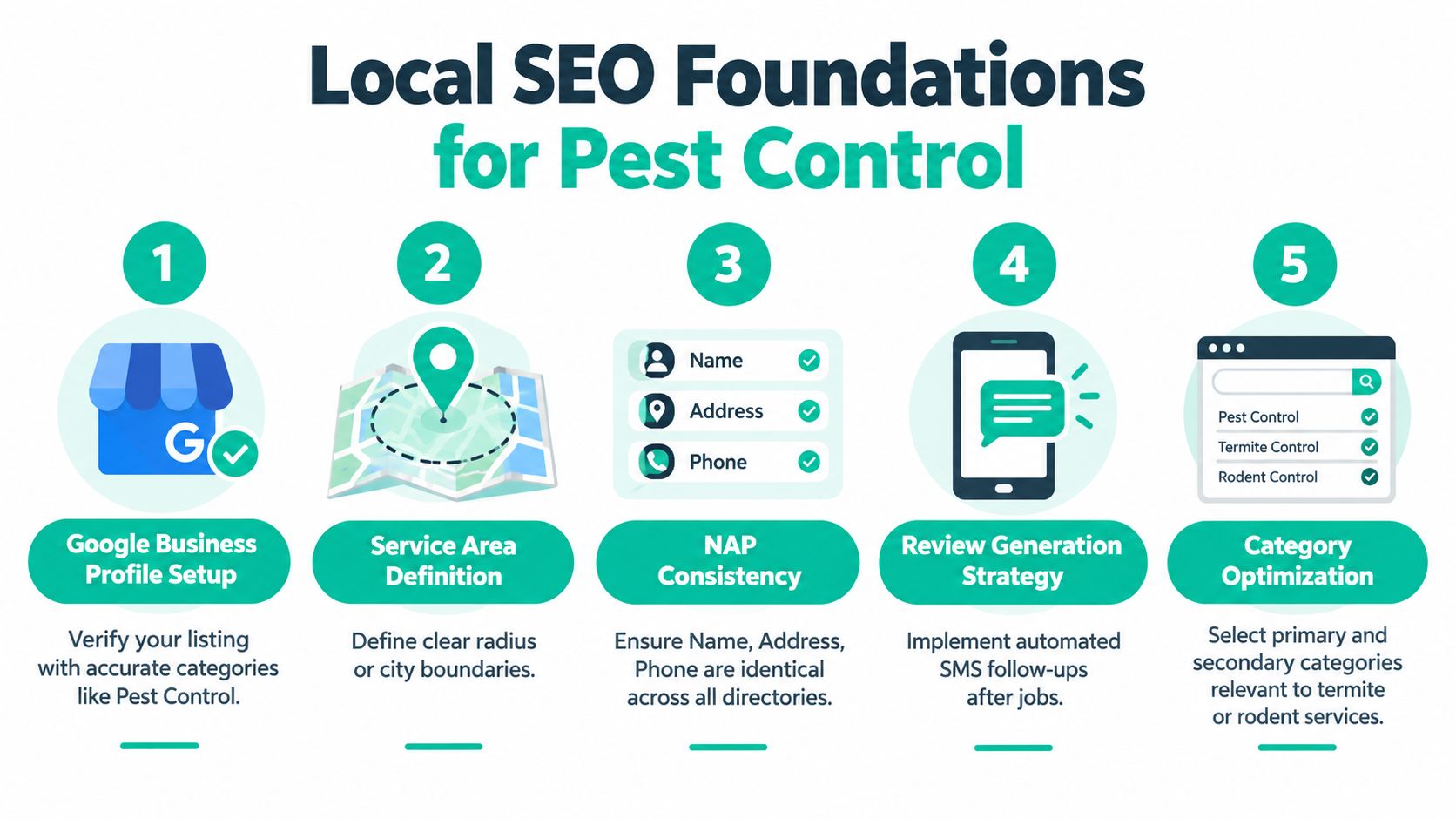 An infographic detailing five essential local SEO steps for pest control companies to improve search visibility.