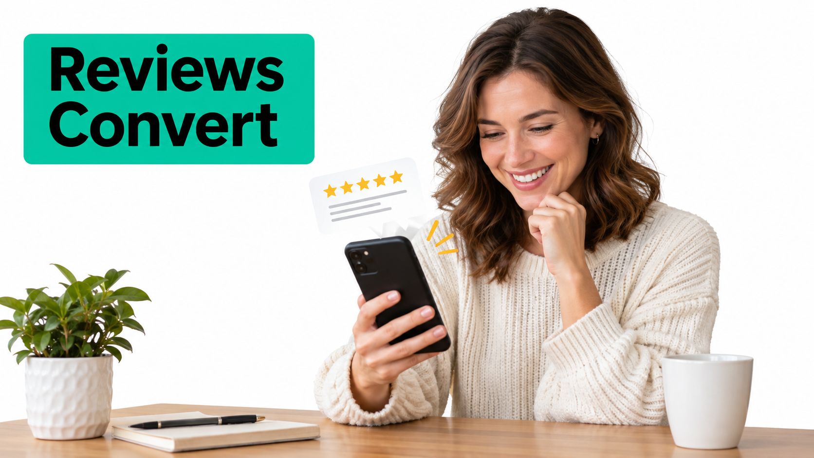 A woman smiling while looking at a smartphone displaying a five-star review icon on the screen.