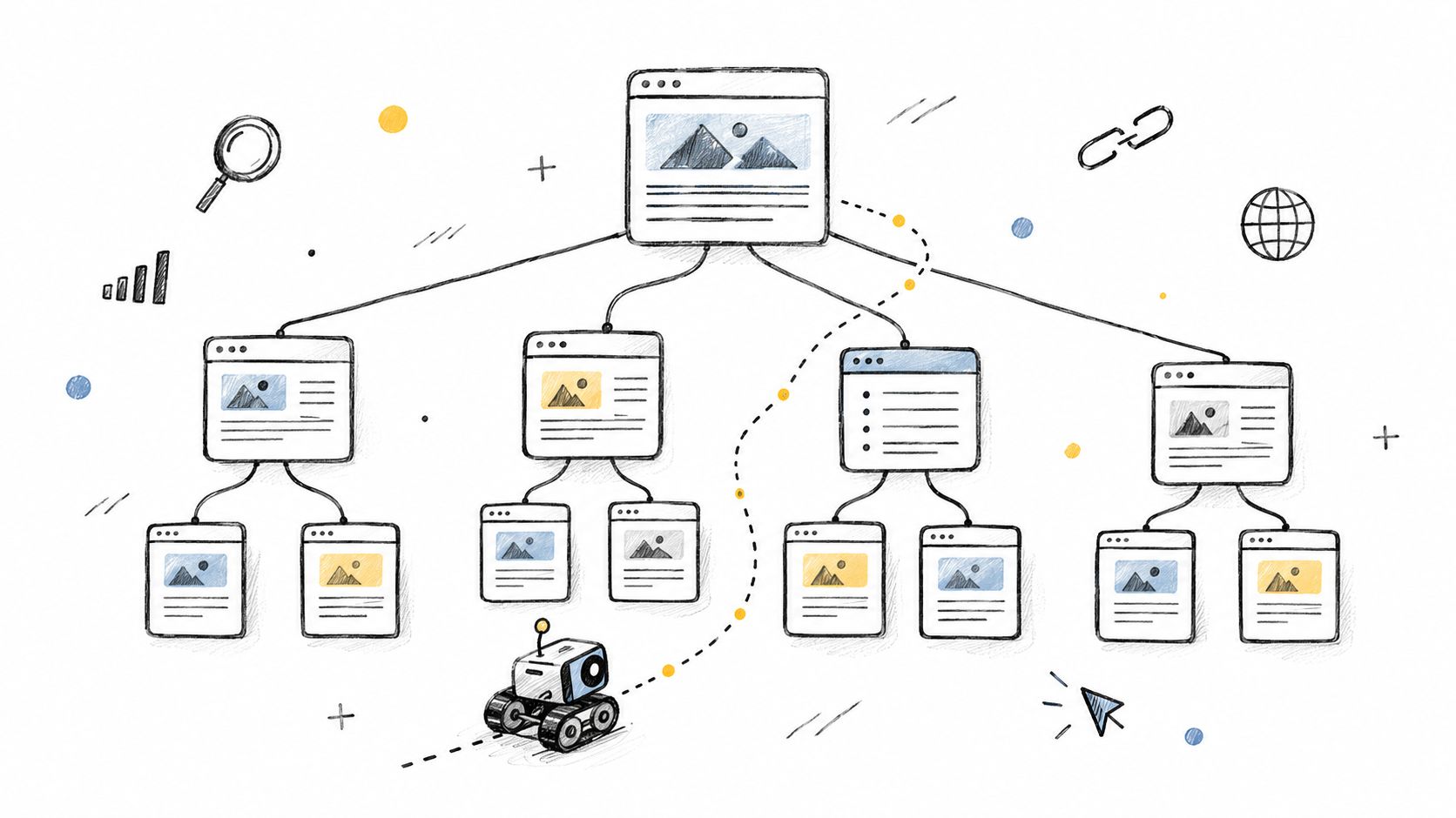 A sketched illustration of a website structure diagram being crawled by a robot to represent SEO architecture.