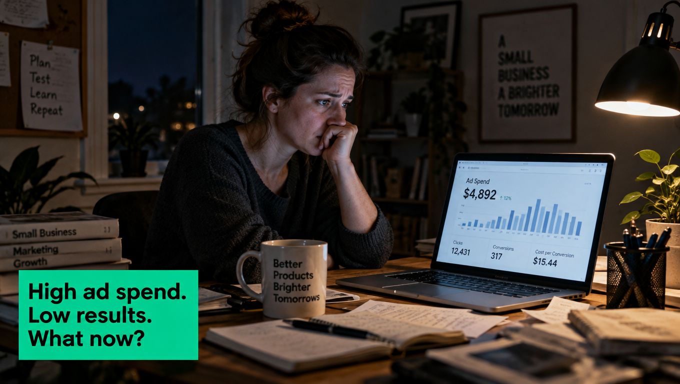 A concerned woman analyzing low return on ad spend statistics on her laptop in a dark office.