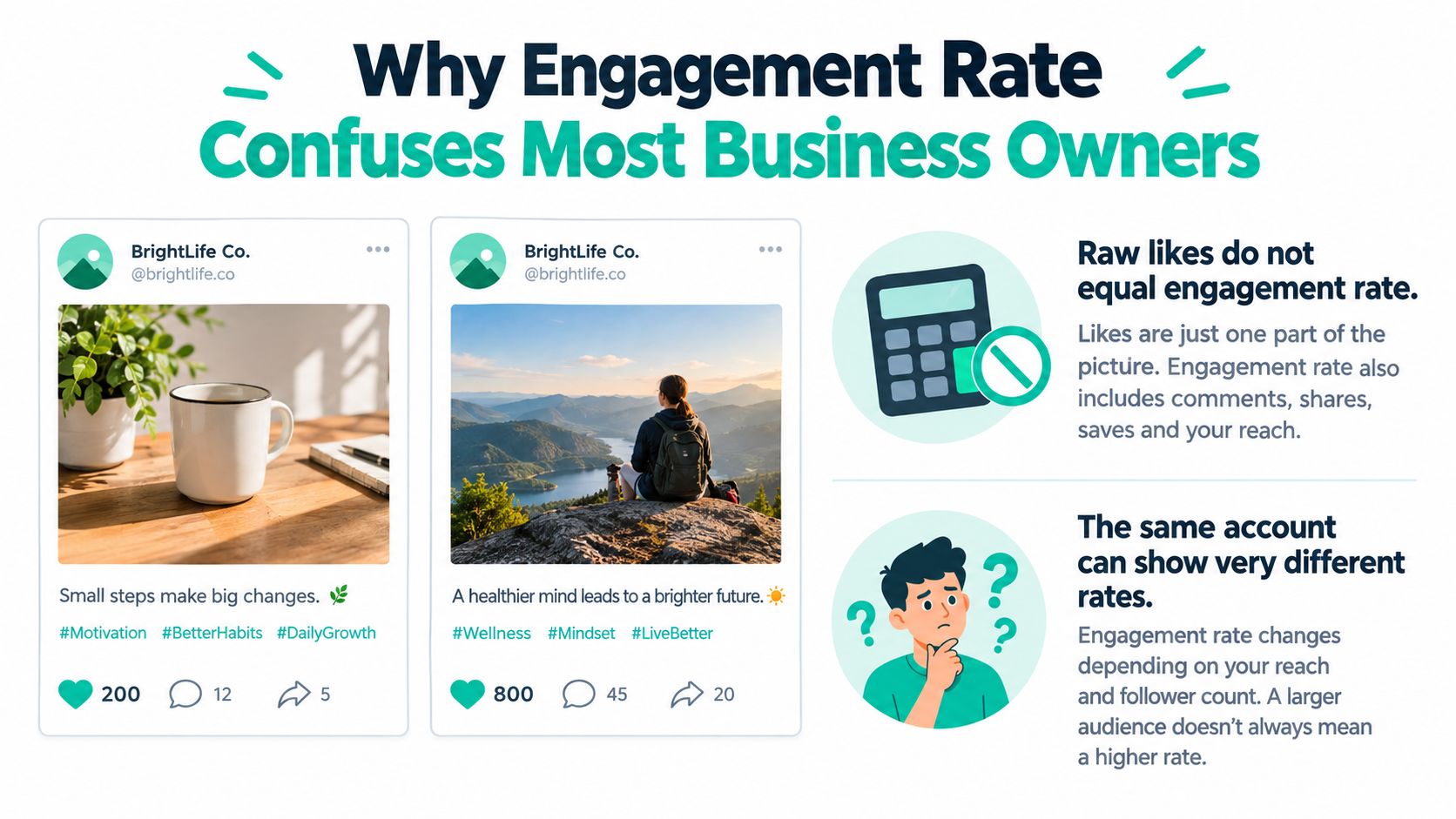 An infographic explaining why social media engagement rate can be confusing for business owners to understand.