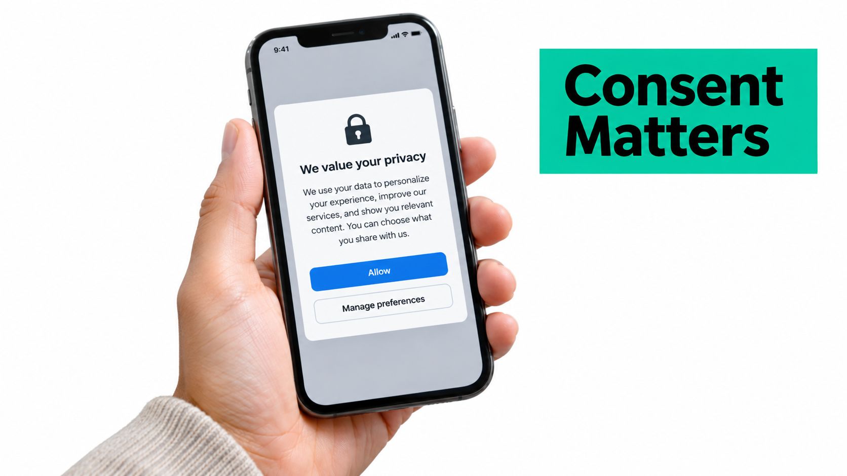 A hand holding a smartphone showing a digital privacy consent pop-up notification with allow and manage options.